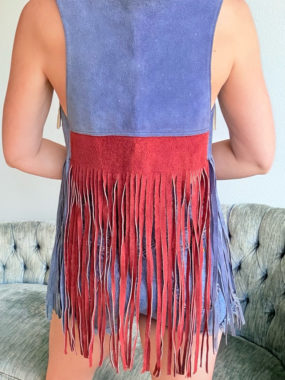 70s Leather Fringe Vest Handmade Americana Red Cream Blue Small USA July 4 - Picture 9 of 15